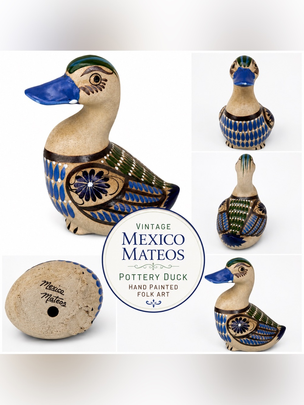Vintage Tonala Mexico Pottery Duck Figurine Hand Painted Folk Art by Mateos